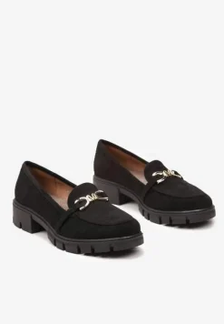 Czarne Mokasyny ze Skórzaną Wkładką i Grubą Ozdobną Podeszwą Voselina