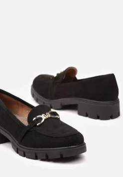 Czarne Mokasyny ze Skórzaną Wkładką i Grubą Ozdobną Podeszwą Voselina