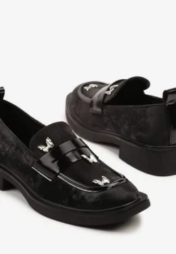 Czarne Mokasyny ze Srebrnymi Motylami i Skórzaną Wkładką Tunira