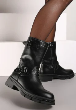 Czarne Motocyklowe Botki Ozdobione Nitami i Klamrami przy Cholewce Ezirra