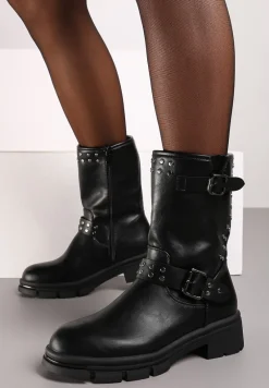 Czarne Motocyklowe Botki Ozdobione Nitami i Klamrami przy Cholewce Ezirra