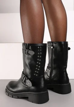 Czarne Motocyklowe Botki Ozdobione Nitami i Klamrami przy Cholewce Ezirra