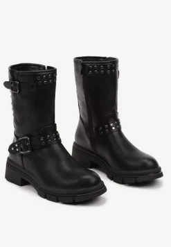 Czarne Motocyklowe Botki Ozdobione Nitami i Klamrami przy Cholewce Ezirra