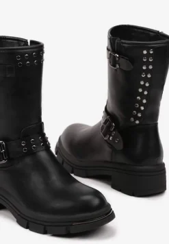 Czarne Motocyklowe Botki Ozdobione Nitami i Klamrami przy Cholewce Ezirra