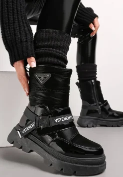 Czarne Śniegowce Lakierowane z Taśmami z Napisami Ermanno