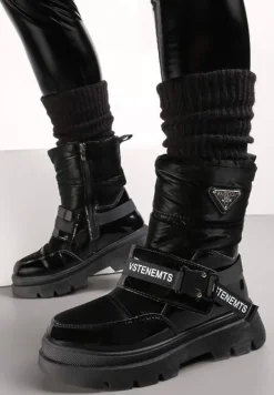 Czarne Śniegowce Lakierowane z Taśmami z Napisami Ermanno