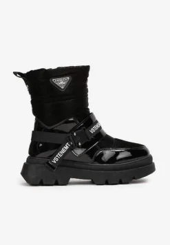 Czarne Śniegowce Lakierowane z Taśmami z Napisami Ermanno