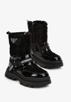 Czarne Śniegowce Lakierowane z Taśmami z Napisami Ermanno