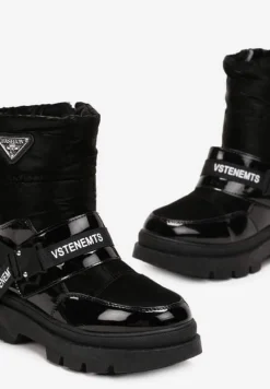 Czarne Śniegowce Lakierowane z Taśmami z Napisami Ermanno