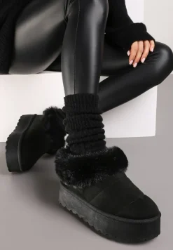 Czarne Śniegowce na Grubej Podeszwie z Ociepleniem z Futerka Tirisha