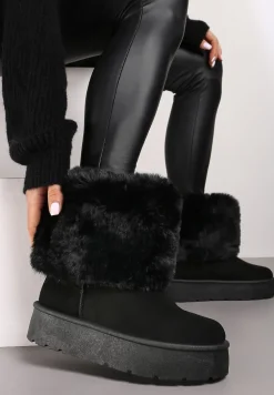Czarne Śniegowce na Grubej Podeszwie Ozdobione Futerkiem Naolani