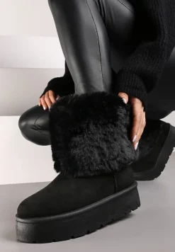 Czarne Śniegowce na Grubej Podeszwie Ozdobione Futerkiem Naolani