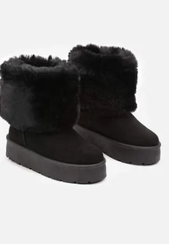 Czarne Śniegowce na Grubej Podeszwie Ozdobione Futerkiem Naolani