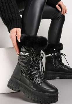 Czarne Śniegowce na Grubej Podeszwie z Futerkiem i Nadrukiem Juewa