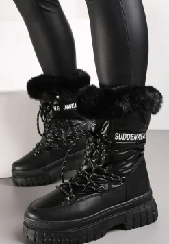 Czarne Śniegowce na Grubej Podeszwie z Futerkiem i Nadrukiem Juewa