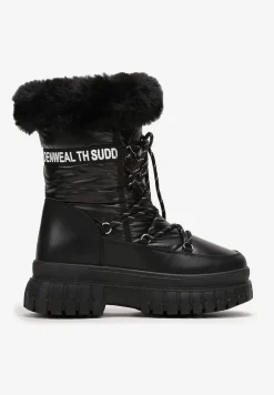 Czarne Śniegowce na Grubej Podeszwie z Futerkiem i Nadrukiem Juewa