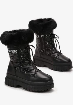 Czarne Śniegowce na Grubej Podeszwie z Futerkiem i Nadrukiem Juewa