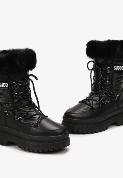 Czarne Śniegowce na Grubej Podeszwie z Futerkiem i Nadrukiem Juewa