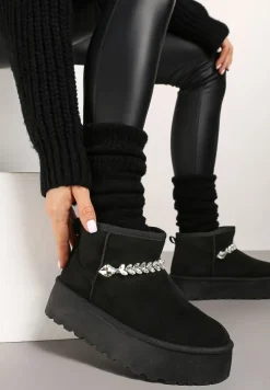 Czarne Śniegowce na Grubej Podeszwie z Ekozamszu Ozdobione Cyrkoniowym Łańcuszkiem Ninnalith