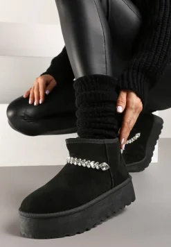 Czarne Śniegowce na Grubej Podeszwie z Ekozamszu Ozdobione Cyrkoniowym Łańcuszkiem Ninnalith