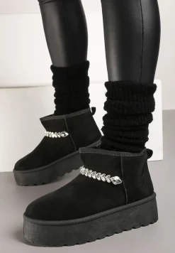 Czarne Śniegowce na Grubej Podeszwie z Ekozamszu Ozdobione Cyrkoniowym Łańcuszkiem Ninnalith