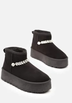 Czarne Śniegowce na Grubej Podeszwie z Ekozamszu Ozdobione Cyrkoniowym Łańcuszkiem Ninnalith