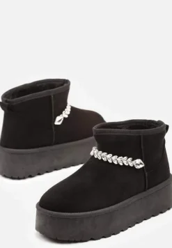 Czarne Śniegowce na Grubej Podeszwie z Ekozamszu Ozdobione Cyrkoniowym Łańcuszkiem Ninnalith