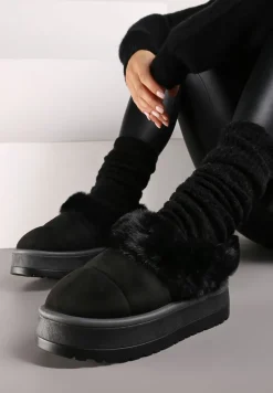 Czarne Śniegowce na Grubej Podeszwie z Pikowanego Materiału Ozdobione Futerkiem Avirorae