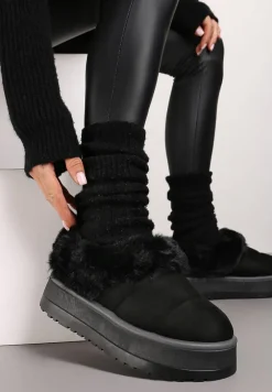 Czarne Śniegowce na Grubej Podeszwie z Pikowanego Materiału Ozdobione Futerkiem Avirorae