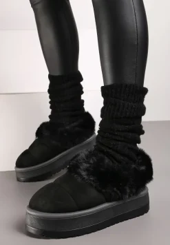 Czarne Śniegowce na Grubej Podeszwie z Pikowanego Materiału Ozdobione Futerkiem Avirorae