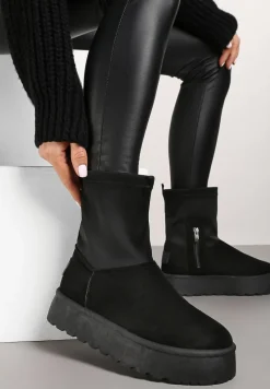 Czarne Śniegowce na Niskiej Platformie Wyściełane Futrem Nikisya