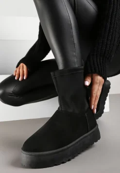 Czarne Śniegowce na Niskiej Platformie Wyściełane Futrem Nikisya