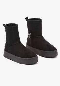 Czarne Śniegowce na Niskiej Platformie Wyściełane Futrem Nikisya