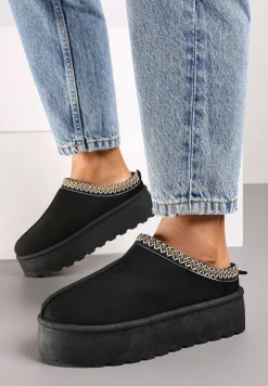 Czarne Śniegowce na Platformie z Ozdobnym Paskiem Lotiara