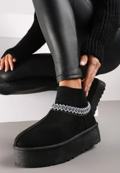 Czarne Śniegowce na Platformie Ozdobione Metaliczną Nicią i Skarpetową Cholewką Sinirae