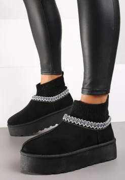 Czarne Śniegowce na Platformie Ozdobione Metaliczną Nicią i Skarpetową Cholewką Sinirae