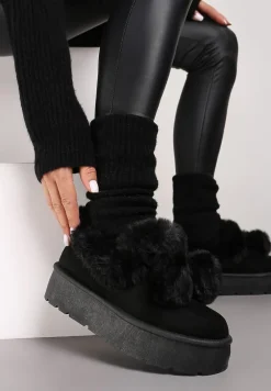 Czarne Śniegowce na Platformie z Pomponami i Ozdobnym Sztucznym Futerkiem Iriviane