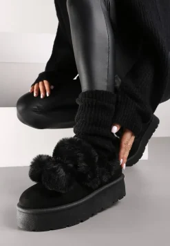 Czarne Śniegowce na Platformie z Pomponami i Ozdobnym Sztucznym Futerkiem Iriviane