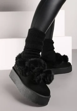 Czarne Śniegowce na Platformie z Pomponami i Ozdobnym Sztucznym Futerkiem Iriviane