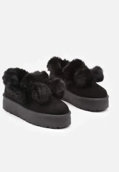 Czarne Śniegowce na Platformie z Pomponami i Ozdobnym Sztucznym Futerkiem Iriviane