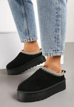 Czarne Śniegowce na Platformie z Niską Cholewką i Haftowanym Wzorem Zivilae