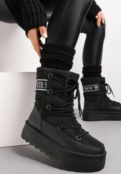 Czarne Śniegowce na Platformie z Ozdobnym Wiązaniem Zingie