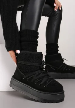 Czarne Śniegowce na Platformie Wykończone Sztucznym Futerkiem Terilani