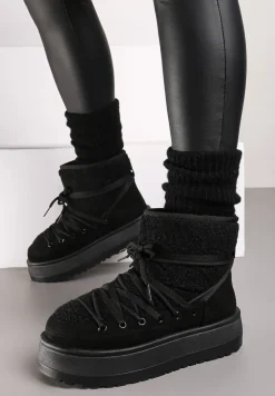 Czarne Śniegowce na Platformie Wykończone Sztucznym Futerkiem Terilani