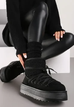 Czarne Śniegowce na Platformie Wykończone Sztucznym Futerkiem Terilani