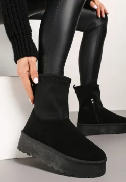 Czarne Śniegowce na Platformie z Elastyczną Cholewką Linnastra