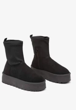 Czarne Śniegowce na Platformie z Elastyczną Cholewką Linnastra