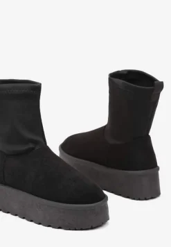 Czarne Śniegowce na Platformie z Elastyczną Cholewką Linnastra