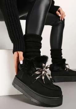 Czarne Śniegowce na Platformie Ozdobione Wiązaniem i Futerkiem Pretisha