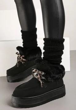 Czarne Śniegowce na Platformie Ozdobione Wiązaniem i Futerkiem Pretisha